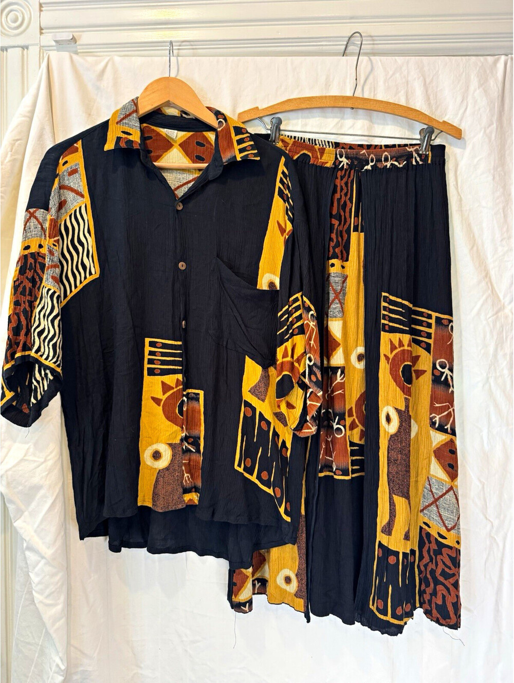 VINTAGE 90s 2 pc 100% Rayon Crinkle Abstract Tribal Shirt & Pants Set sz Lg